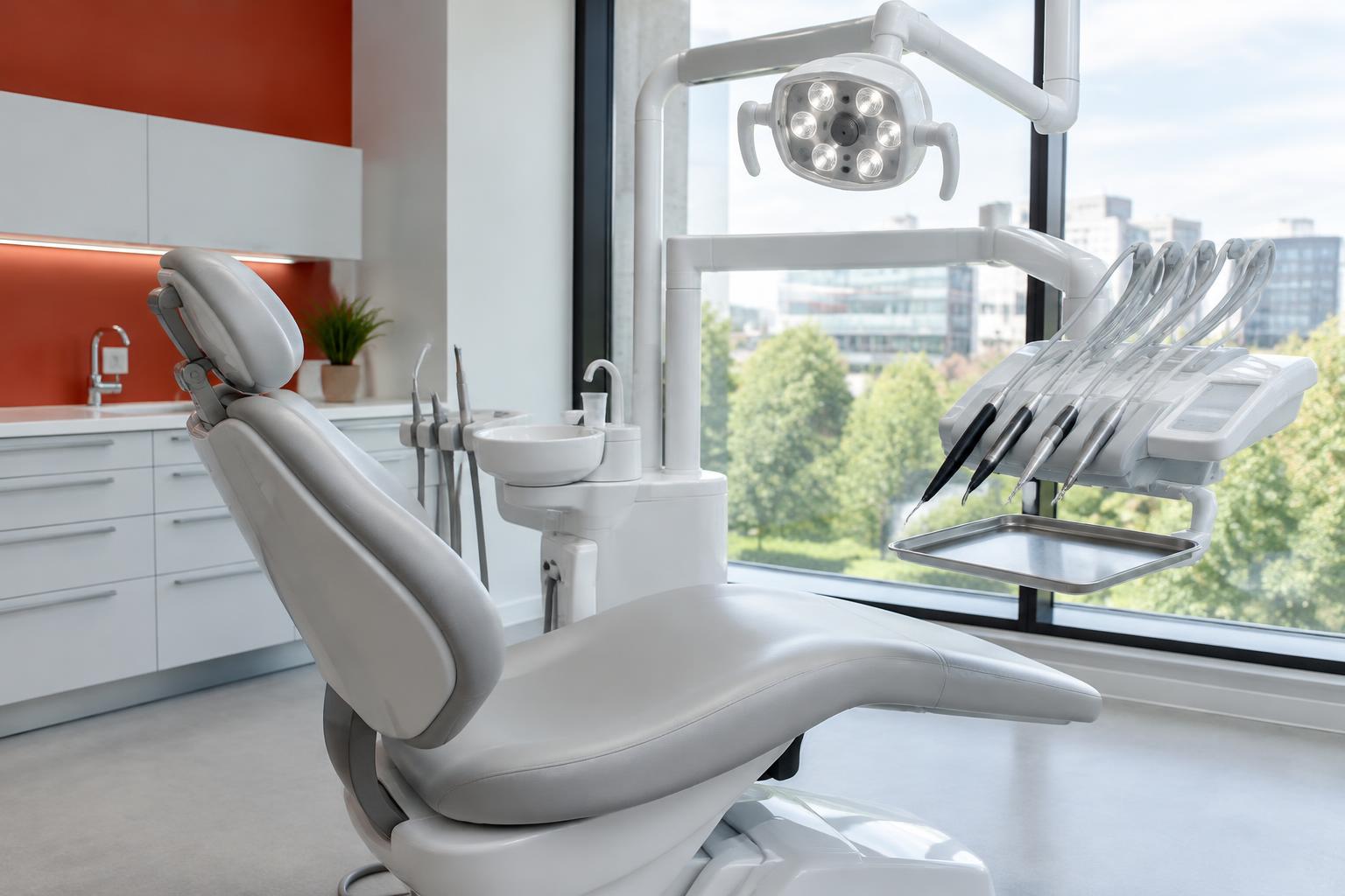 Dental treatment room with a patient chair, examination light and instruments